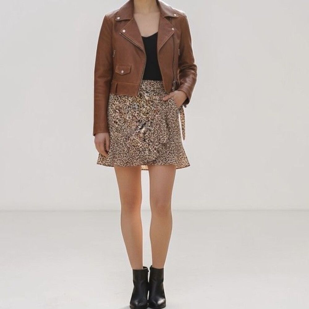 Abercrombie & Fitch Skirt Women's XS Brown Leopard Faux Wrap Ruffle Mini Summer